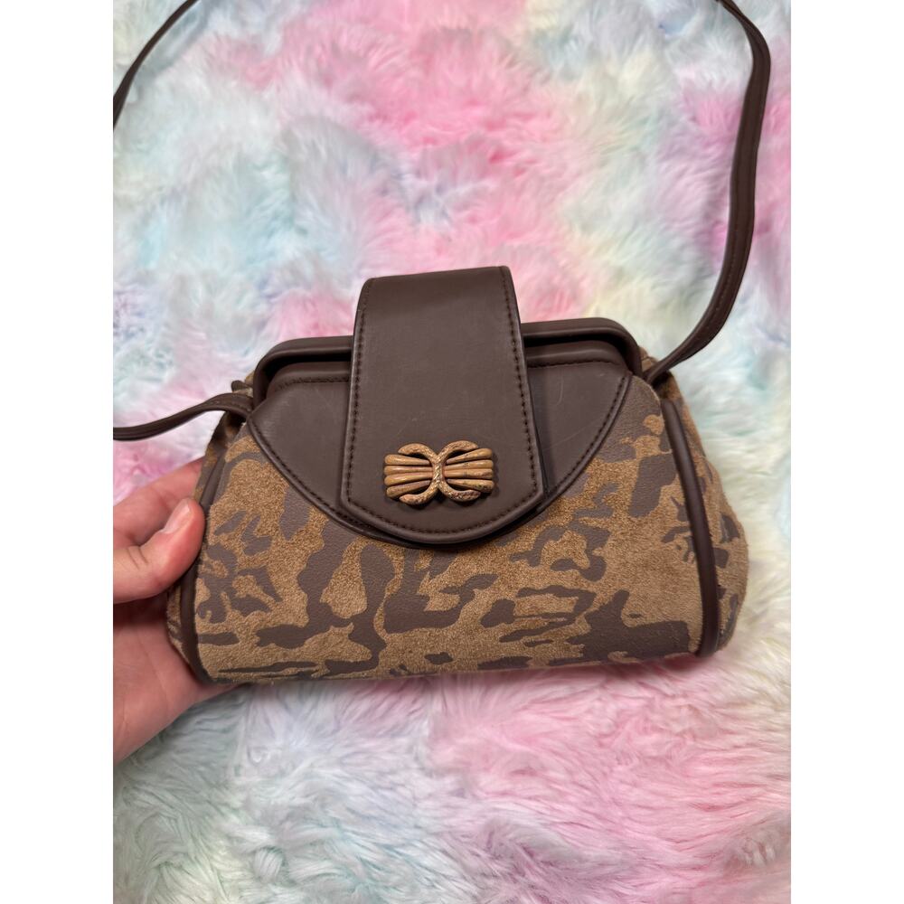 Vintage Brown Suede Camo Print Shoulder Bag Small Y2K Purse - Picture 2 of 13